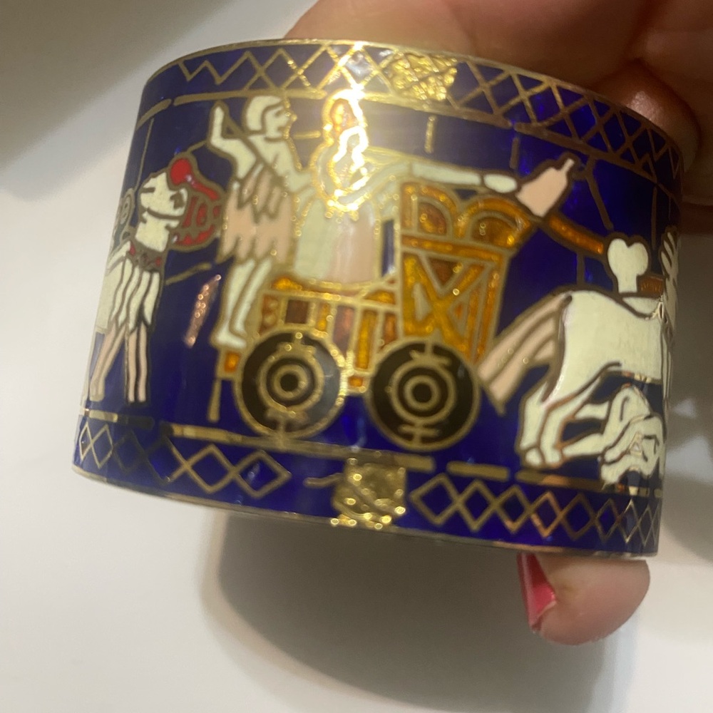 Enamel Cuff Bracelet with White Horses and Gold Detailing on Royal Blue